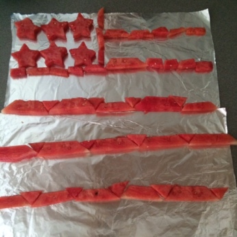 MY NEPHEW, MADE AN AMERICAN FLAG OUT OF WATERMELON.